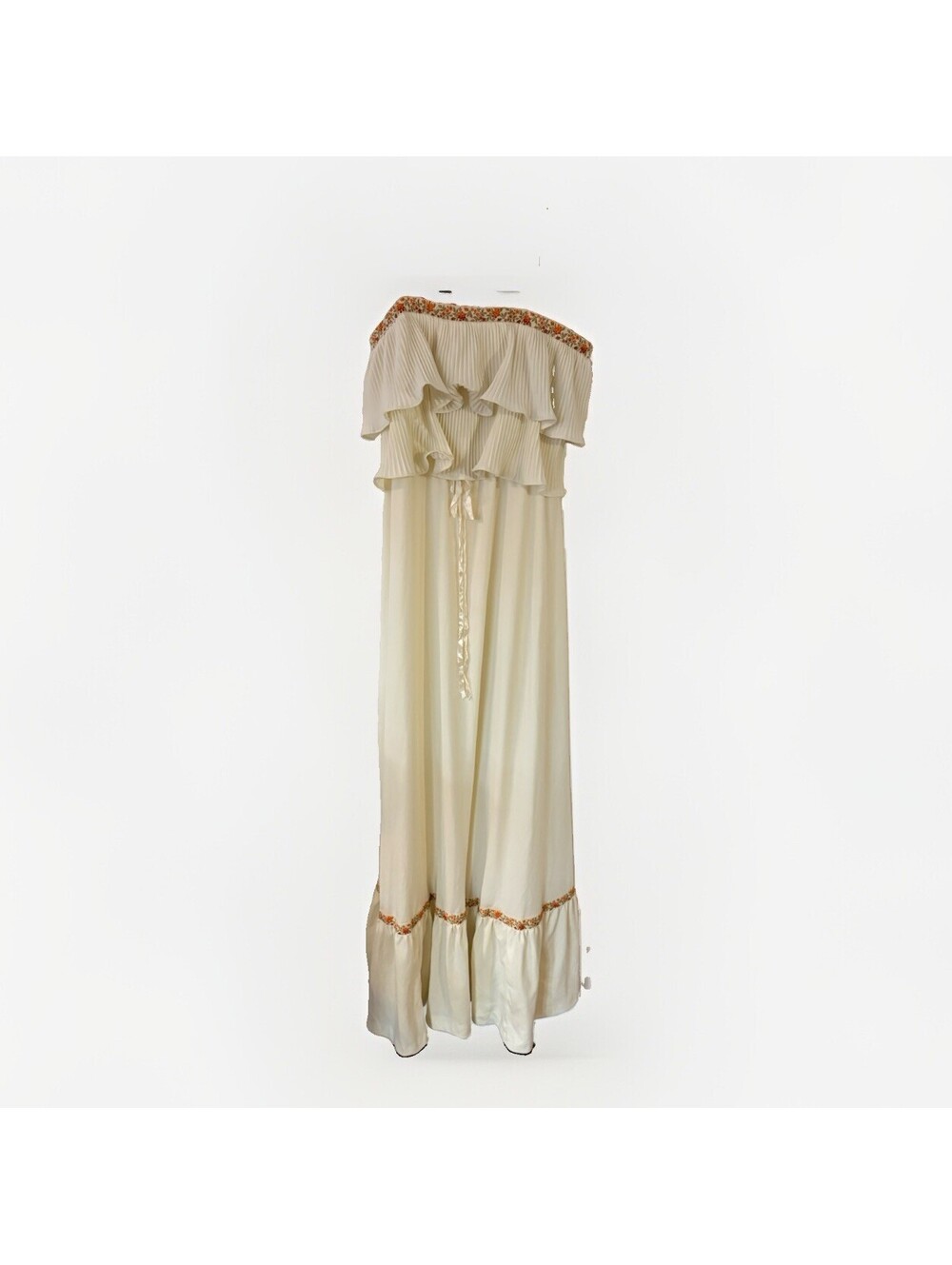 True Vintage Vicky Vaughn Cream Maxi Floral Embroidery Ruffle Maxi Dress Small
